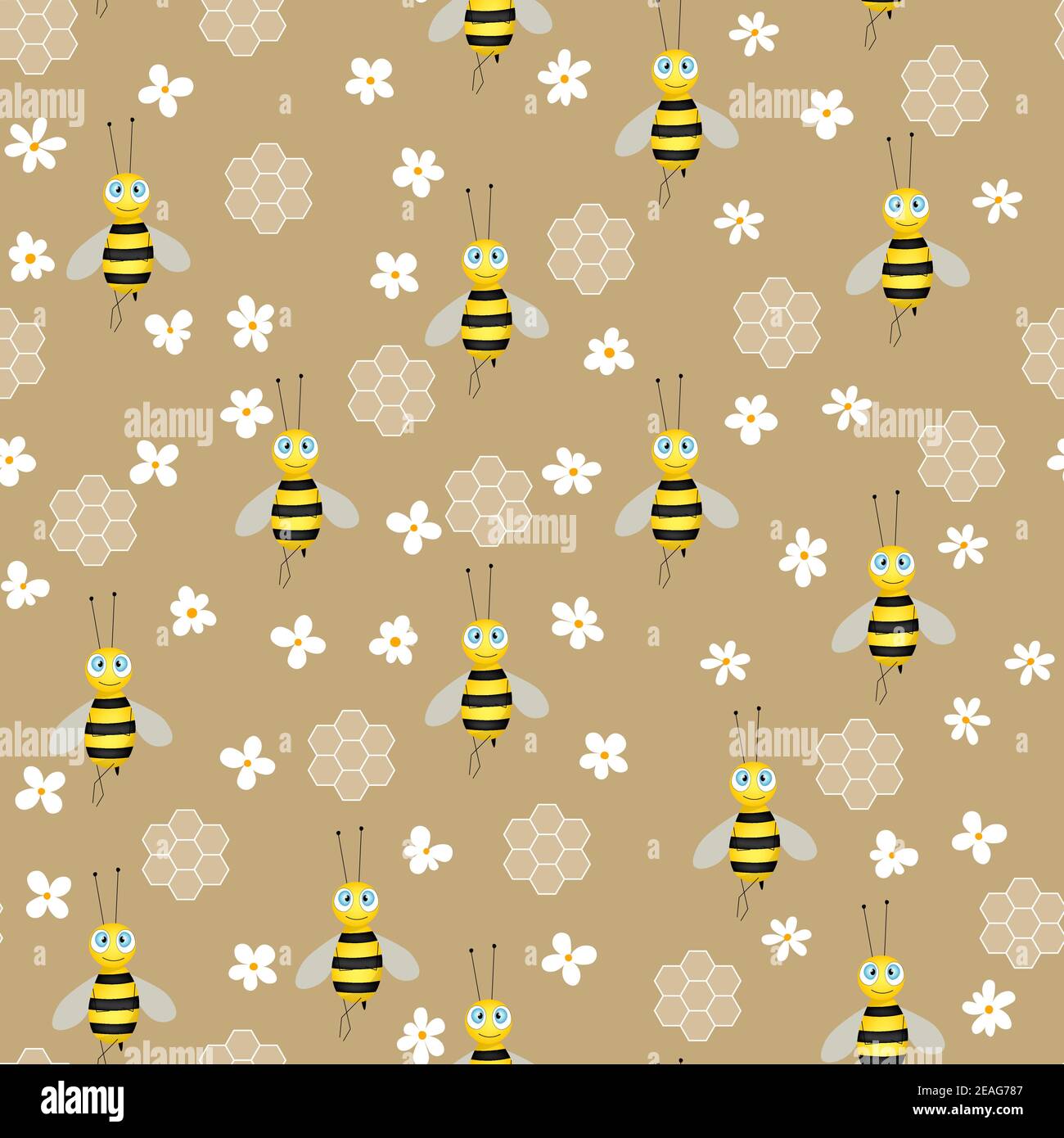 Seamless pattern with bees and honeycombs on brown background. Small ...