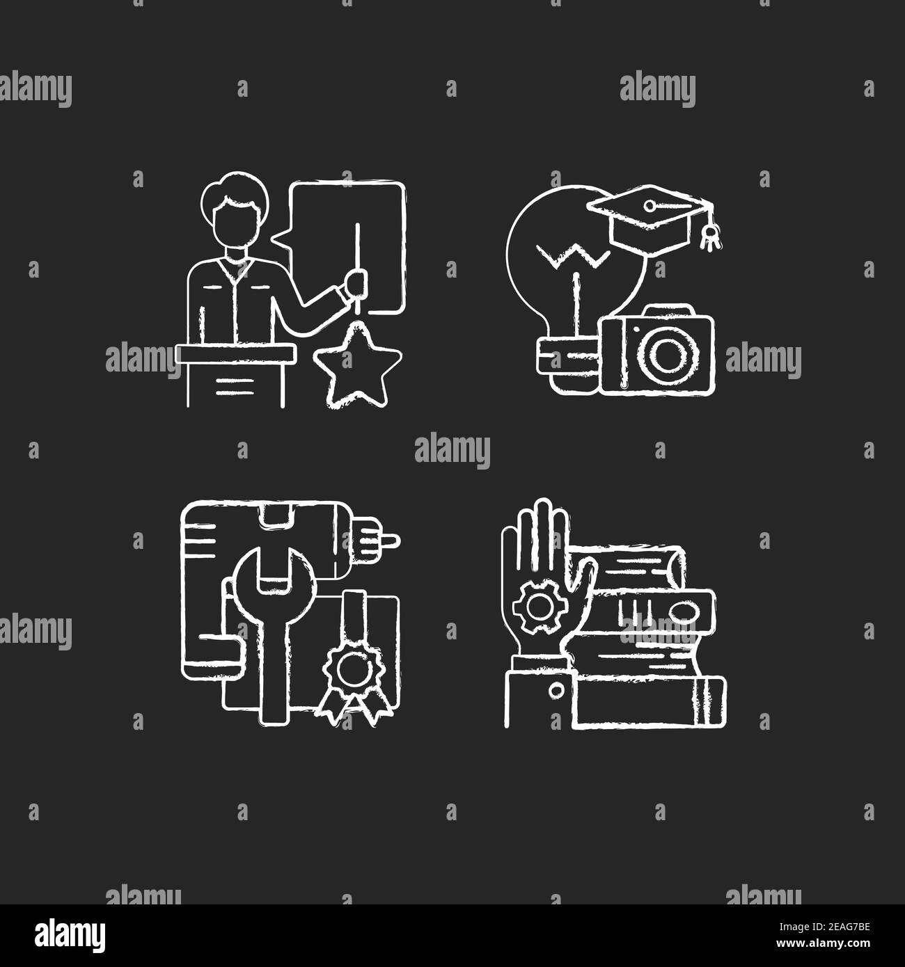 Knowledgeable presenter chalk white icons set on black background Stock Vector