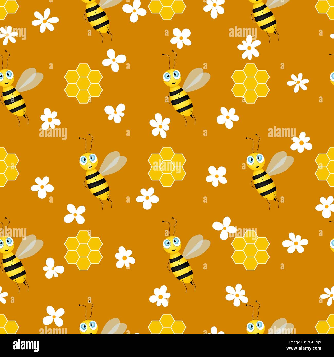 Seamless pattern with bees and honeycombs on brown background. Small ...