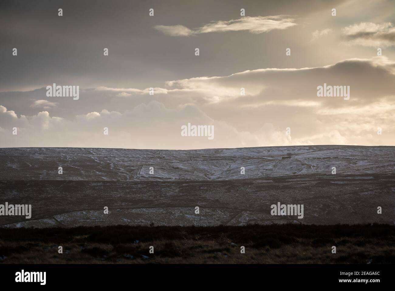 The Bronte moors in winter, with a dusting of snow. Top Withins is ...
