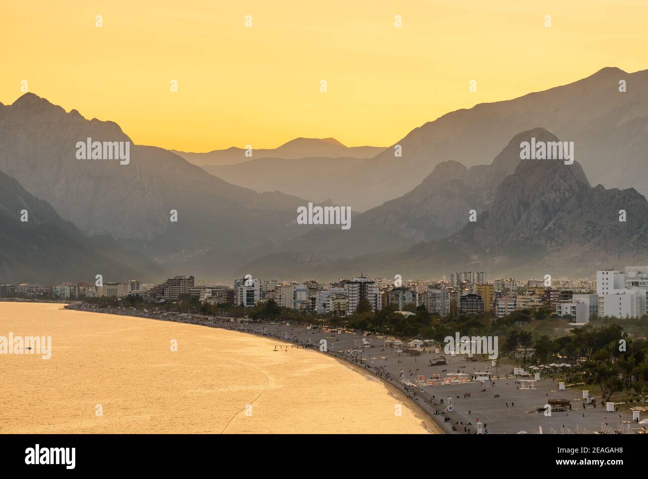 Antalya Konyaalti beach at sunset, Turkey Stock Photo
