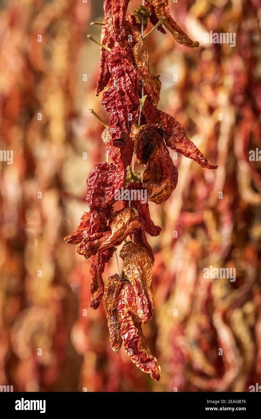 Close-up of red dried chili pepper hanging on the market in Turkey Stock Photo