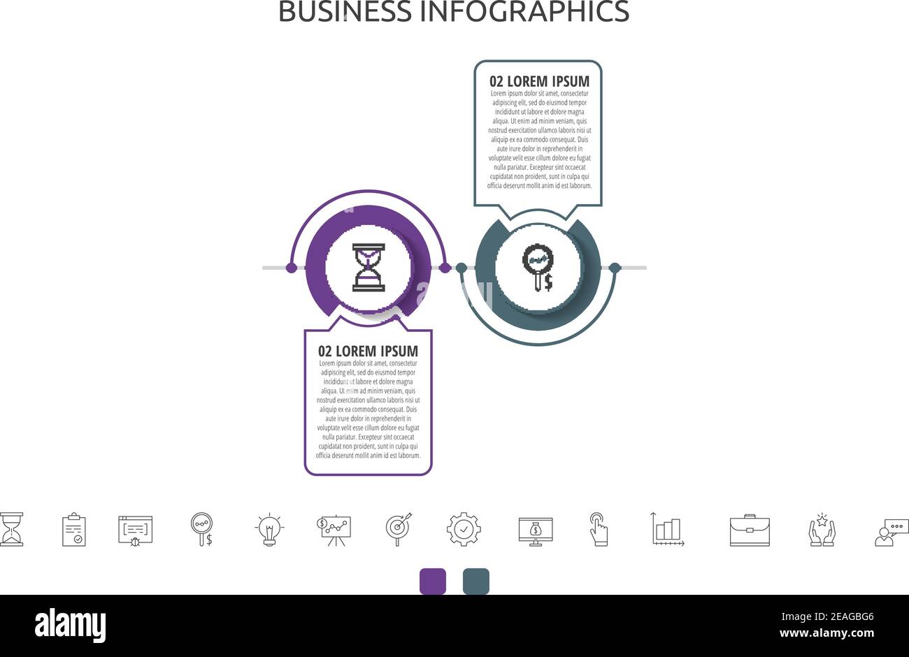 Circles vector line infographic with 2 step, icons. Timeline used for ...