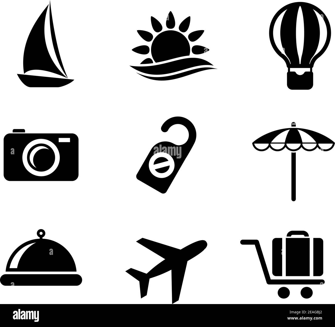 Set of travel and tourism icons in black and white depicting a yacht ...