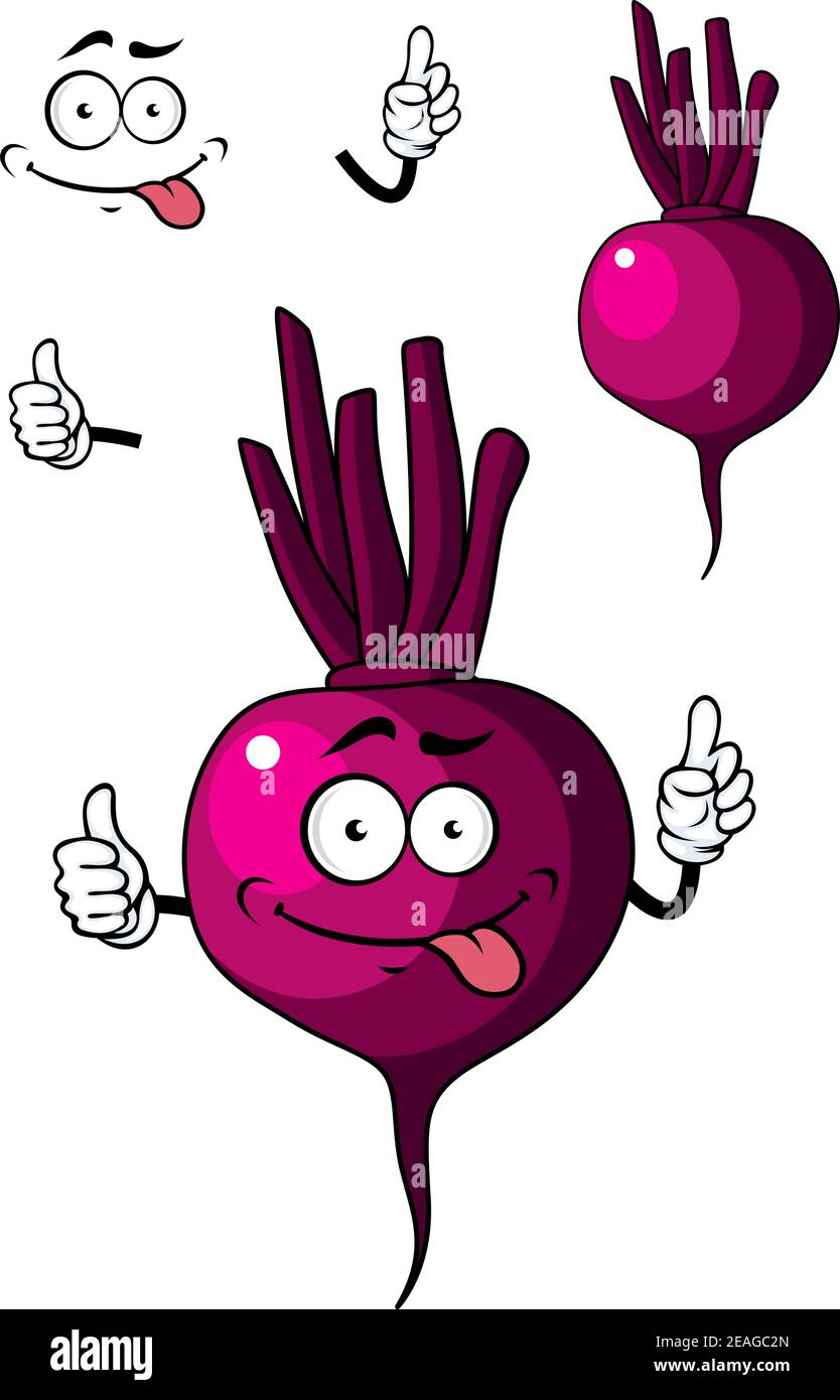 Cute little purple cartoon beetroot vegetable with a happy face for