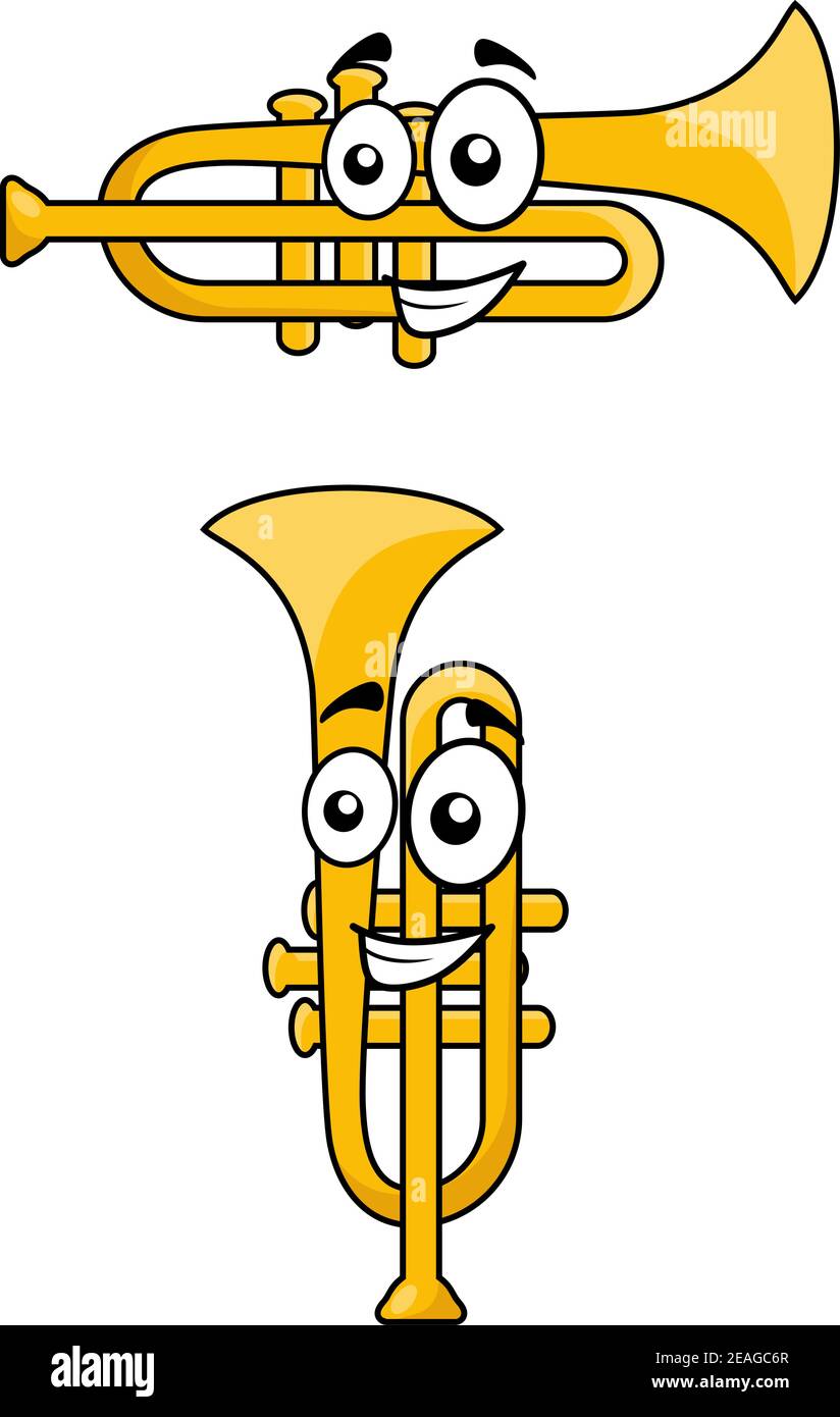 Two variations of a brass cartoon trumpet with a happy smiley face, one  vertical and one horizontal, for music design Stock Vector Image & Art -  Alamy