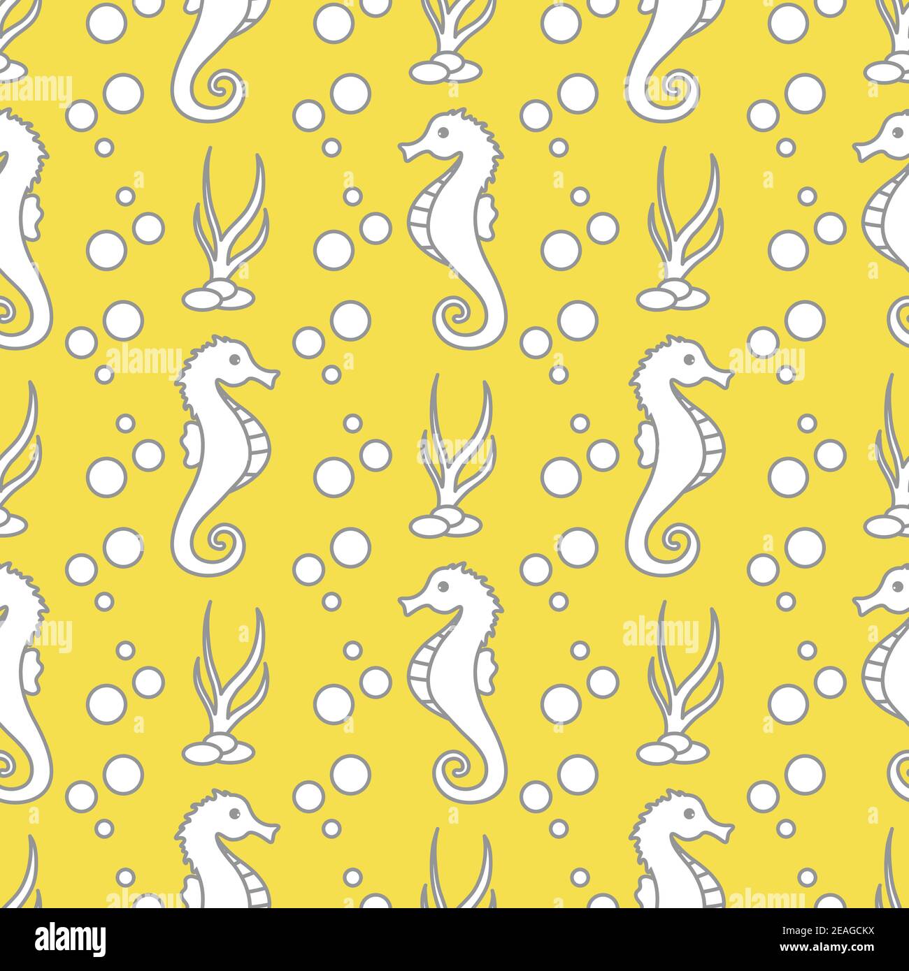 Vector seamless pattern with sea horses, underwater plants and bubbles ...