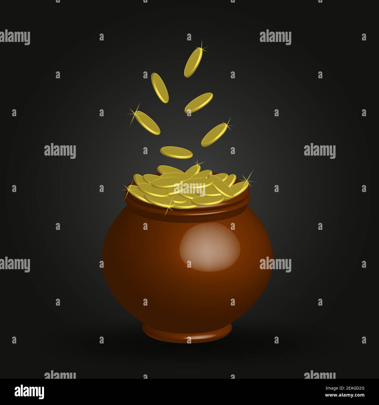 Ceramic pot with gold coins isolated on dark background. Full pot of gold coins 3d illustration. A pot of money is a treasure with gold under the grou Stock Photo