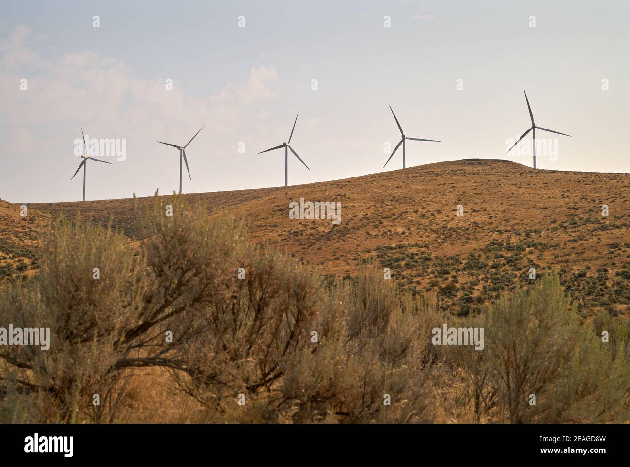 Desert Sagebrush and Wind Turbines. Wind turbines on a field of sagebrush in Washington State. Stock Photo