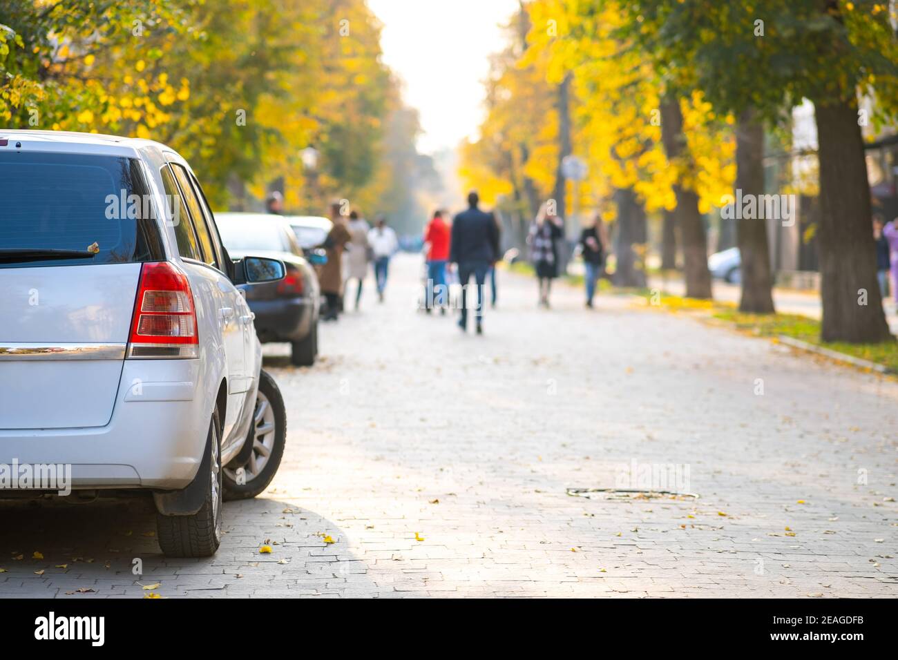 Cars parked in a row on a city street side on bright autumn day with ...