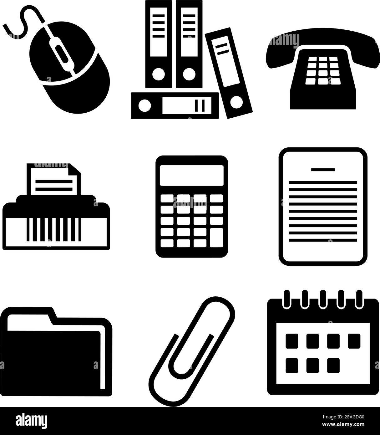 Set of simple black and white office icons with files, calculator ...