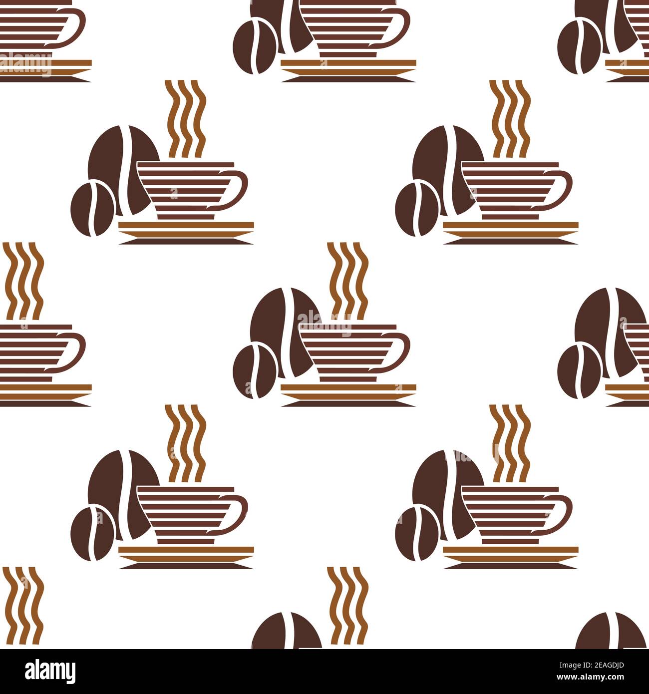 Repeat pattern of a striped cup of steaming hot coffee and coffee beans in brown and white in square format Stock Vector
