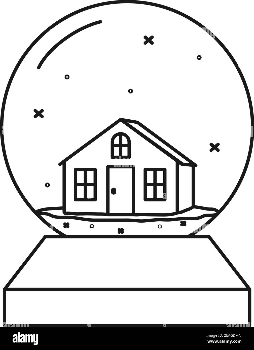 Line art black and white xmas glass ball. Small winter house toy. Christmas theme vector illustration for poster, label, gift card, coloring book deco Stock Vector