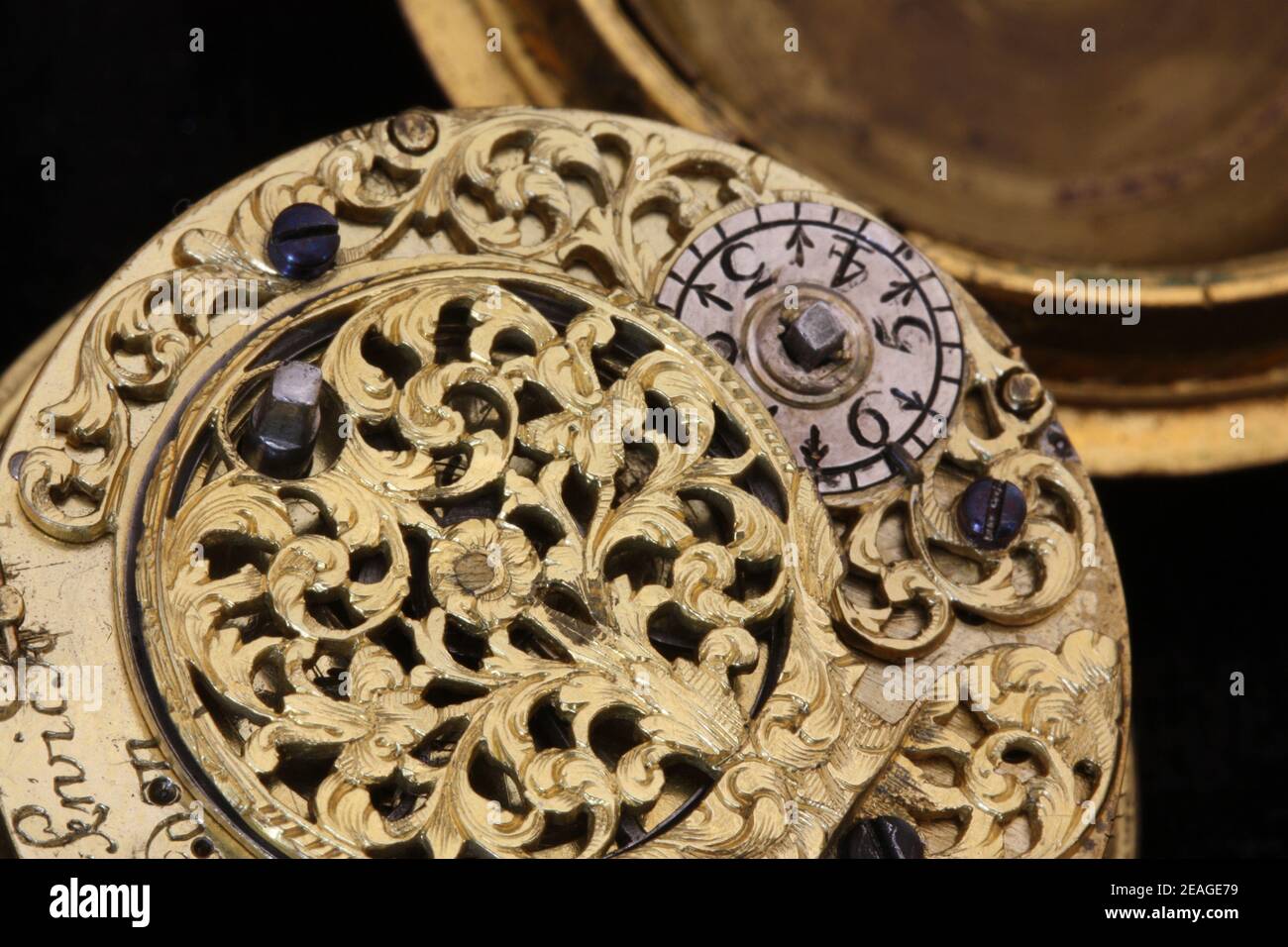 Antique Pocket watch made by James Marwick of London approx 1690 macro image of the chiming verge movement Stock Photo