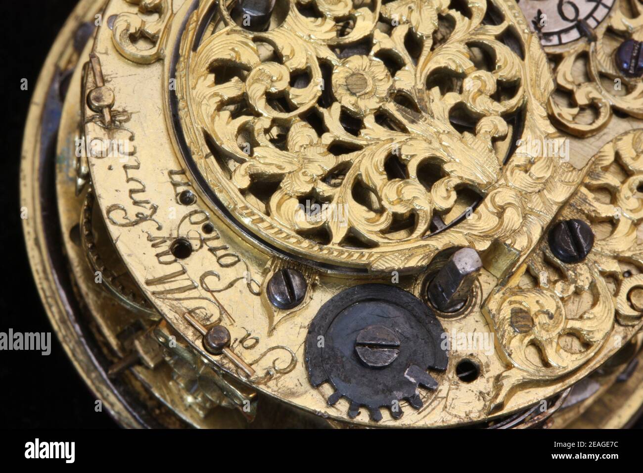 Antique Pocket watch made by James Marwick of London approx 1690 macro image of the chiming verge movement Stock Photo