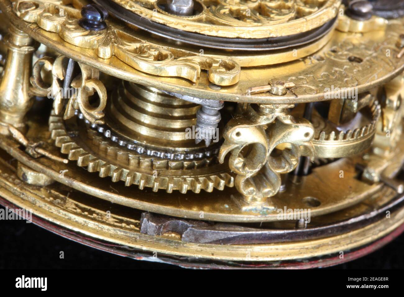 Antique Pocket watch made by James Marwick of London approx 1690 macro image of the chiming verge movement Stock Photo