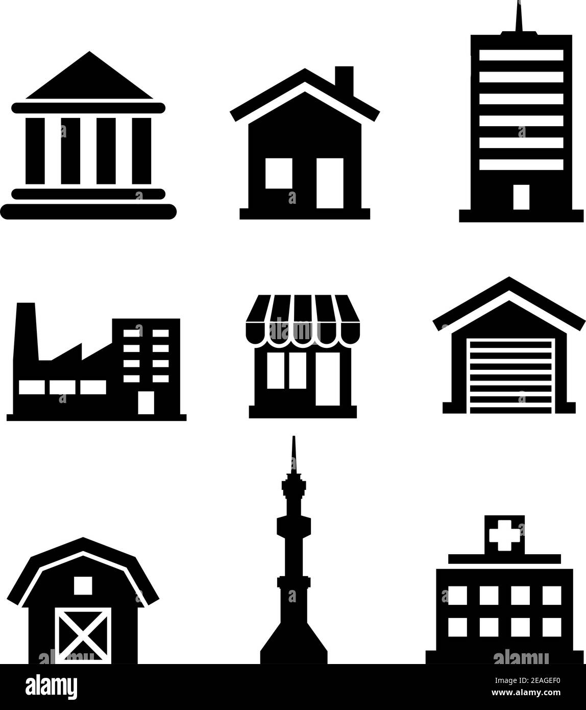 Silhouetted buildings and architectural icons depicting church, temple, hospital, tower, shop, market, office, factory, house and farm Stock Vector