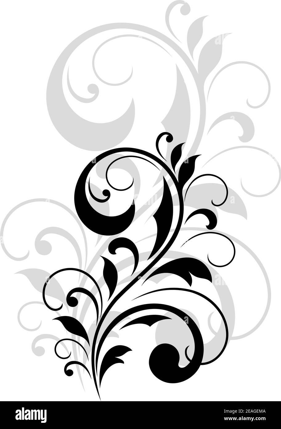 Pretty vintage swirling foliate design element in a dainty black calligraphic silhouette with a repeat enlarged motif in grey behind Stock Vector