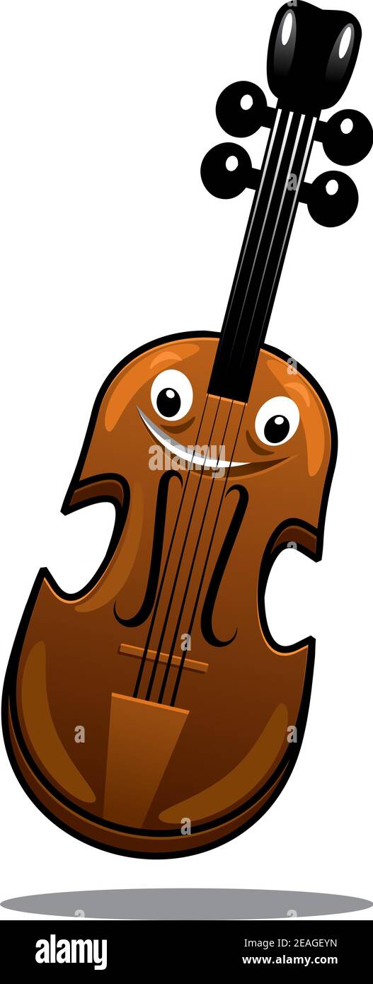 Happy brown cartoon wooden violin with a smiling face and shadow for