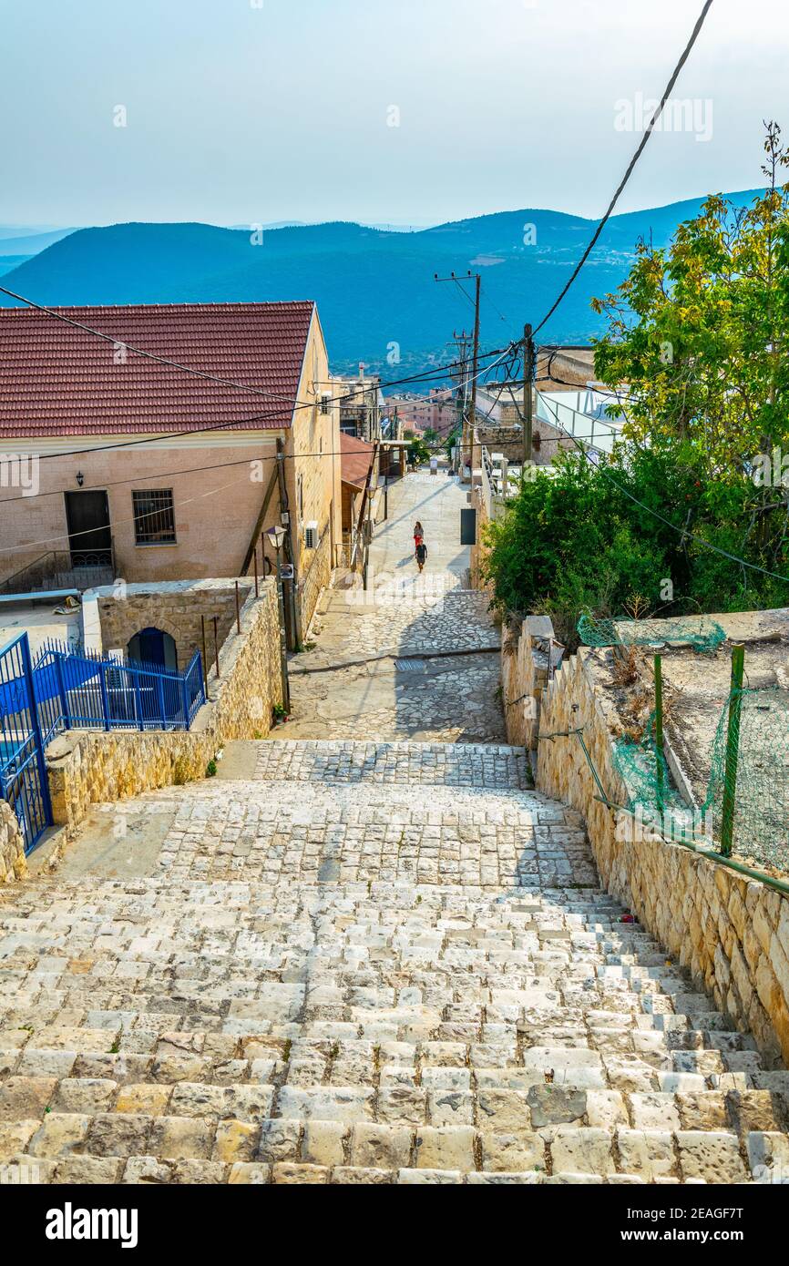 View of steep staircase in Tsfat/Safed, Israel Stock Photo