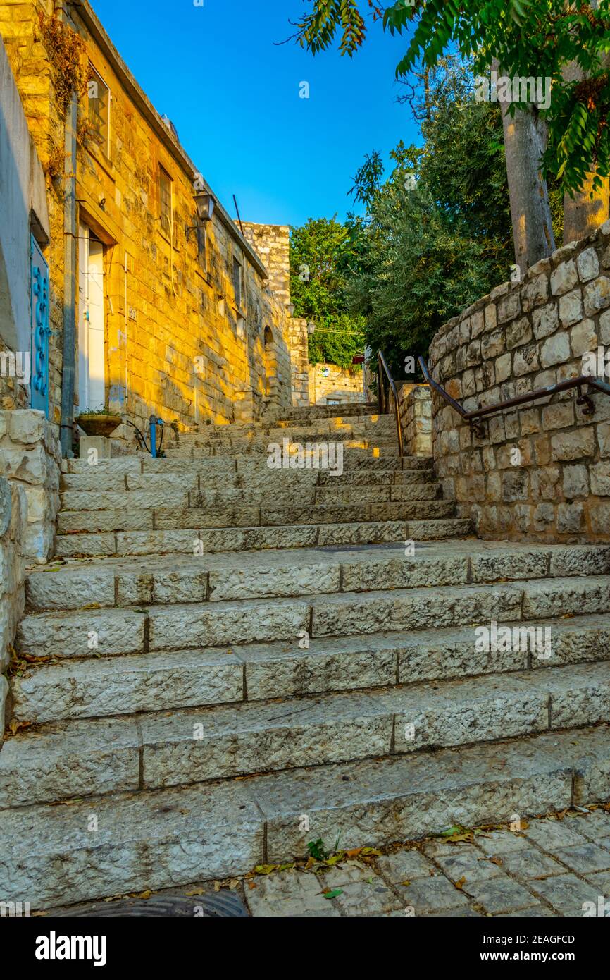 View of steep staircase in Tsfat/Safed, Israel Stock Photo