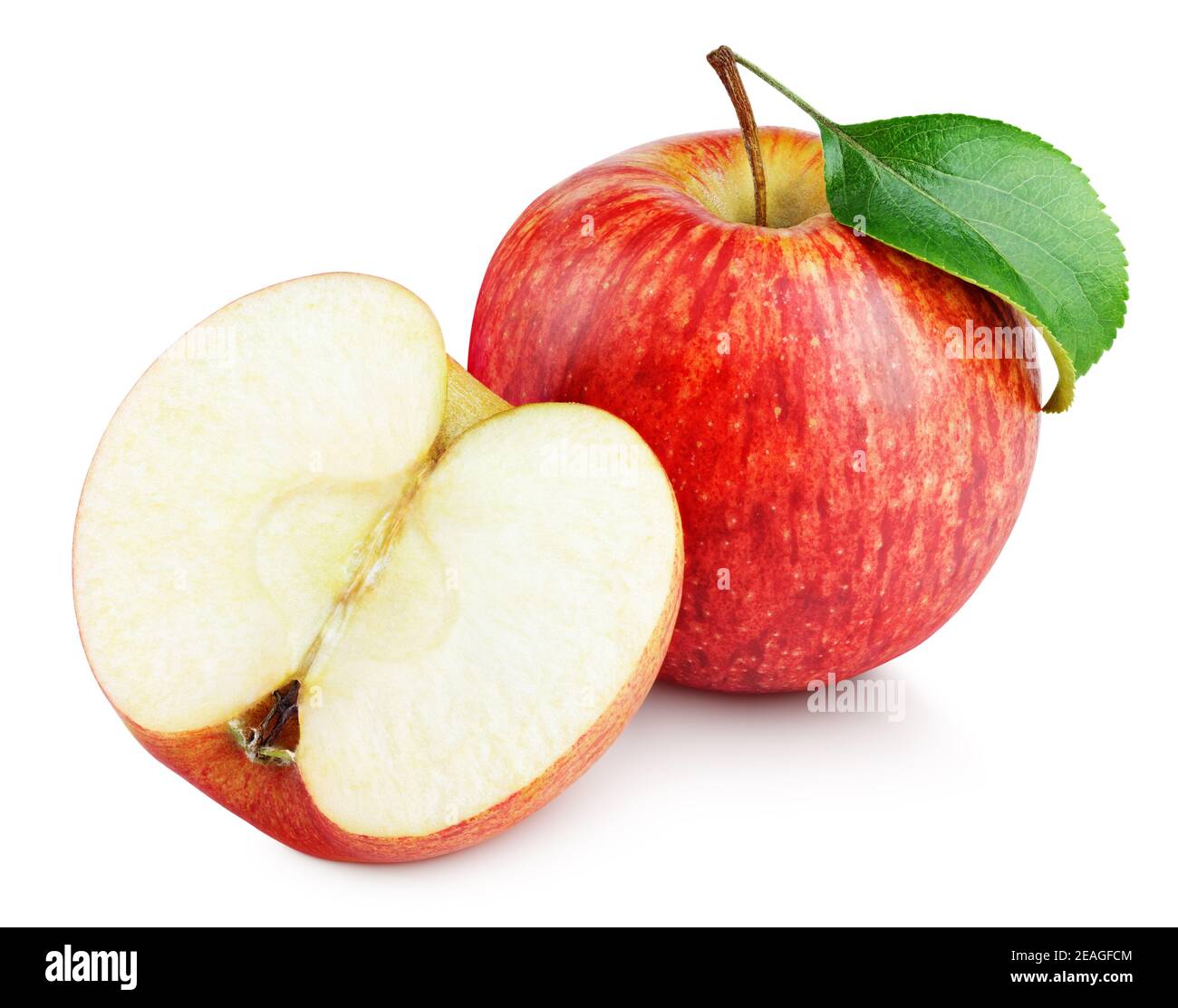 Ripe red apple fruit with apple half without seeds and apple leaf isolated on white background. Red apples and leaf with clipping path Stock Photo