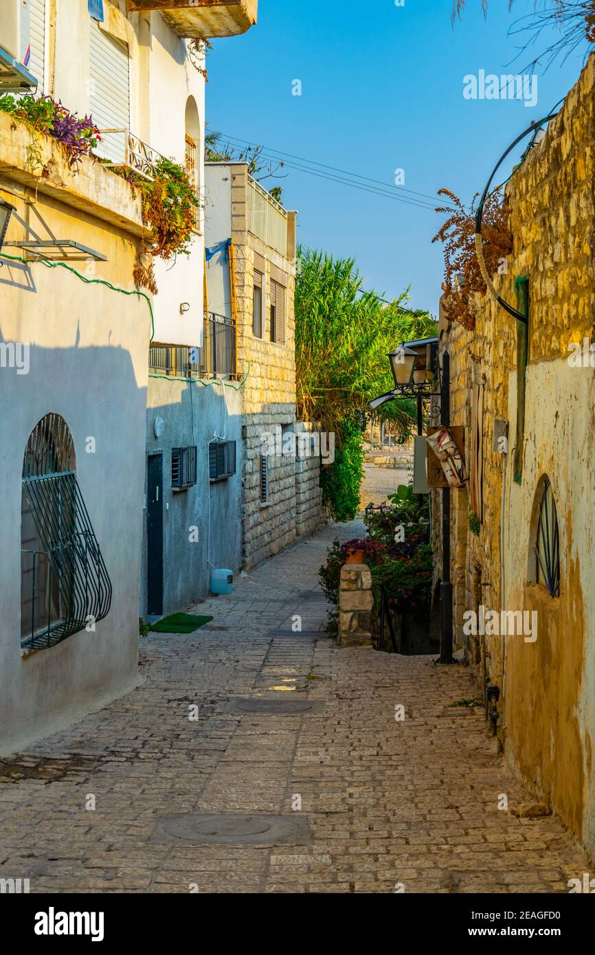 View of a narrow street in Tsfat/Safed, Israel Stock Photo