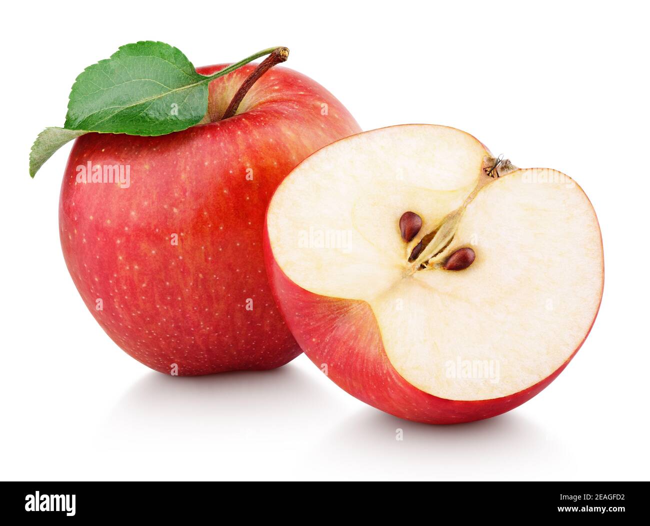 Ripe red apple fruit with apple half and green apple leaf isolated on white background. Apples and leaf with clipping path Stock Photo
