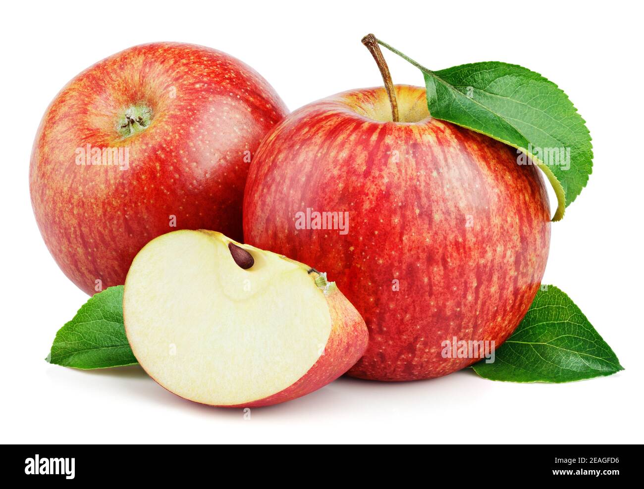 Ripe red apple fruits with apple slice and apple green leaves isolated on white background. Red apples and leaves with clipping path Stock Photo