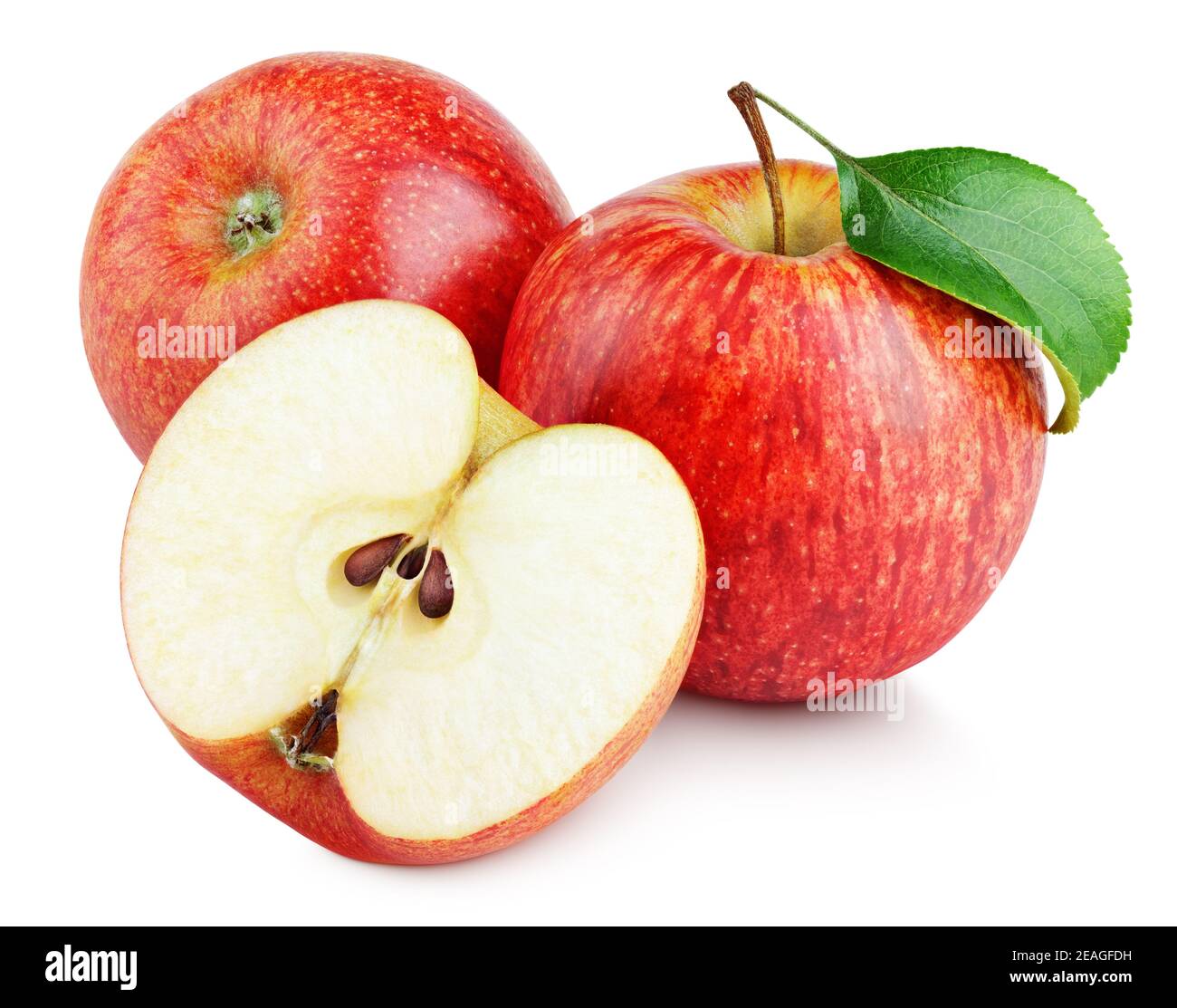 Ripe red apple fruit with apple half and apple leaf isolated on white background. Red apples and leaf with clipping path Stock Photo