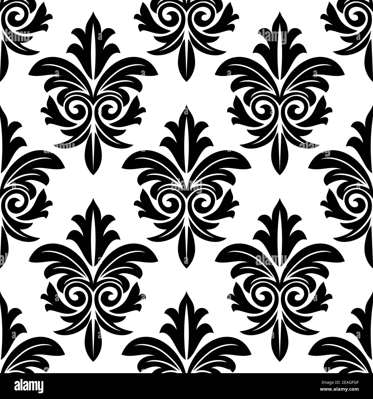 Bold foliate arabesque motif in black and white in a repeat seamless