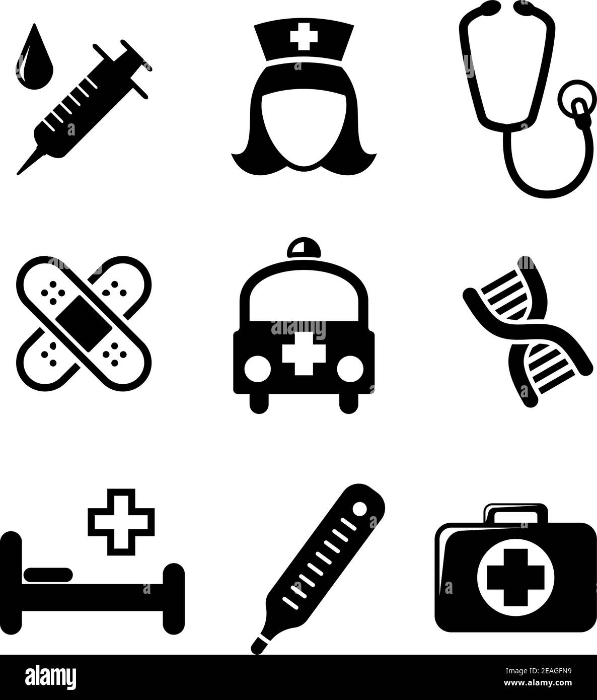 Set of black and white medical icons including a syringe, nurse ...