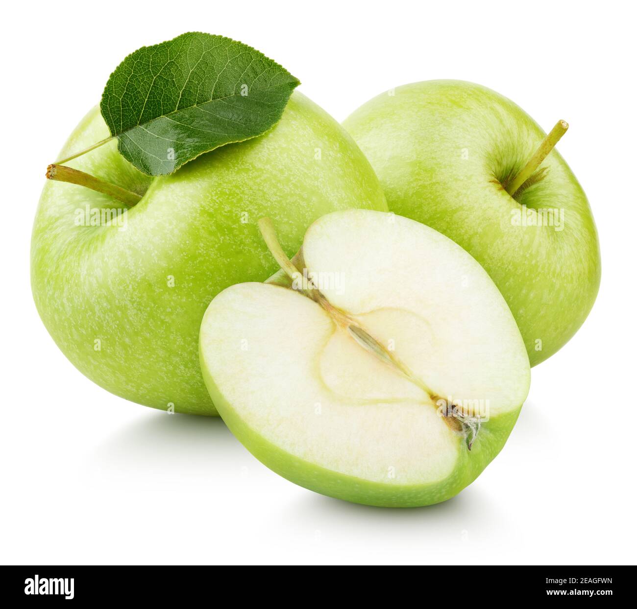 Group of ripe green apple fruits with apple half without seeds and green leaf isolated on white background with clipping path. Full depth of field. Stock Photo