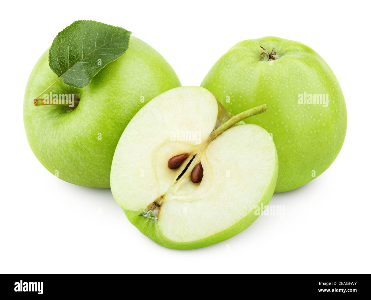 Group of ripe green apple fruits with apple half and green apple leaf isolated on white background. Apples with clipping path Stock Photo