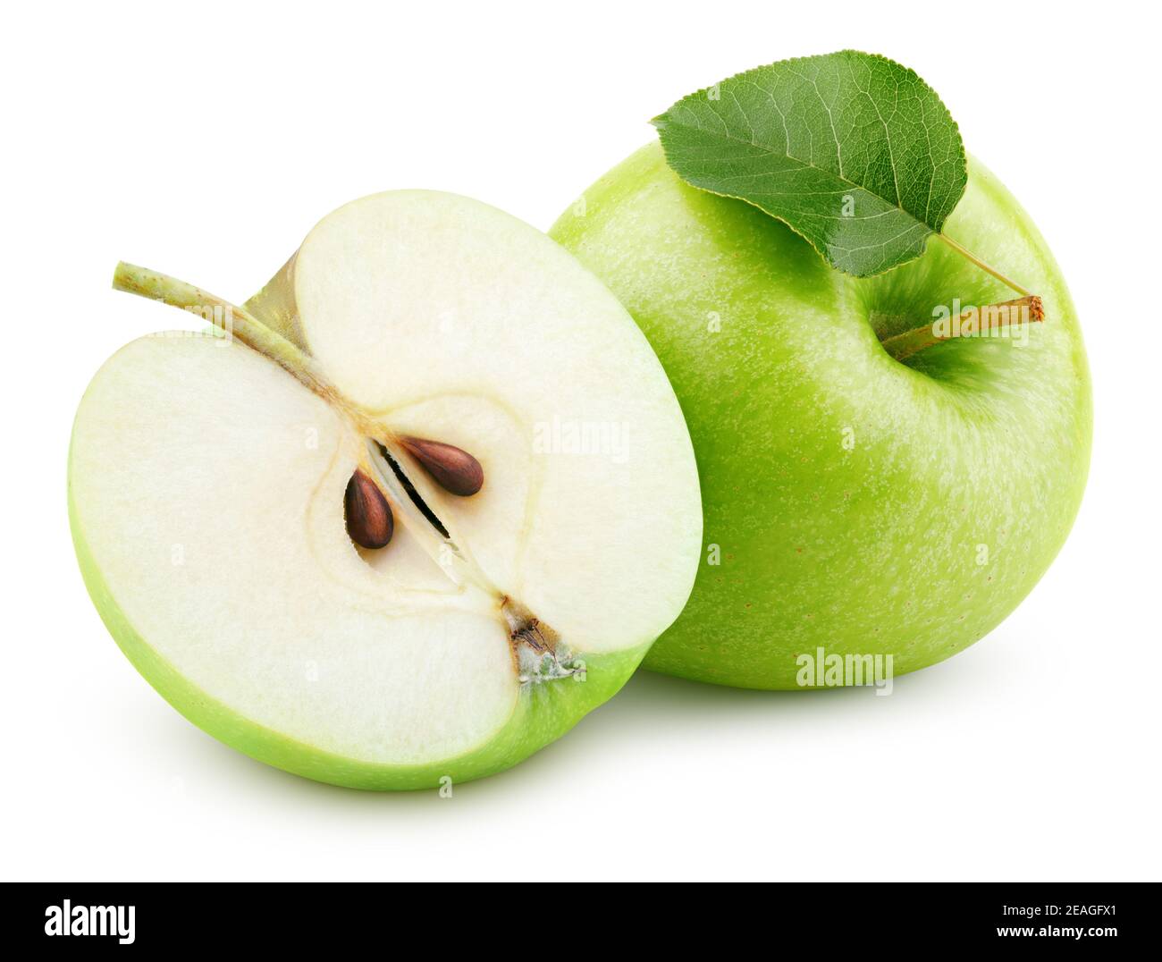 Ripe green apple fruit with half and green apple leaf isolated on white background. Green apples with clipping path. Full Depth of Field Stock Photo