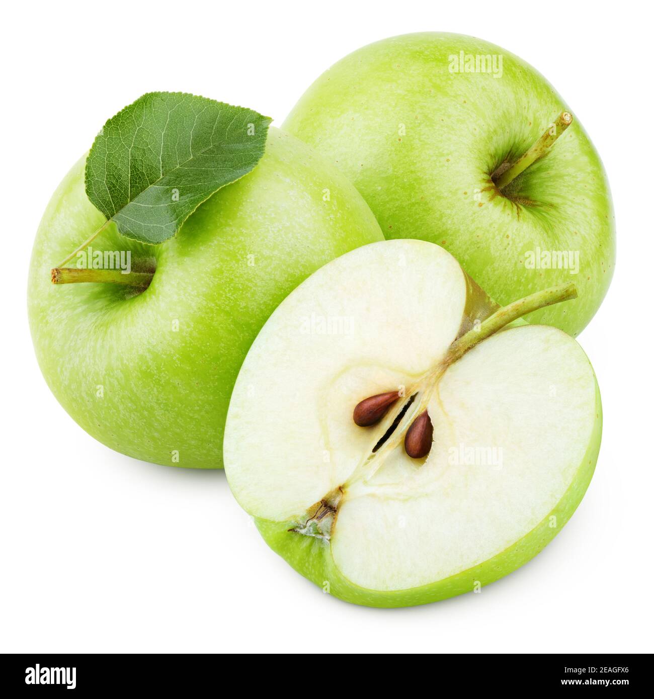 Group of ripe green apple fruits with apple half and green leaf isolated on white background. Apples with clipping path Stock Photo
