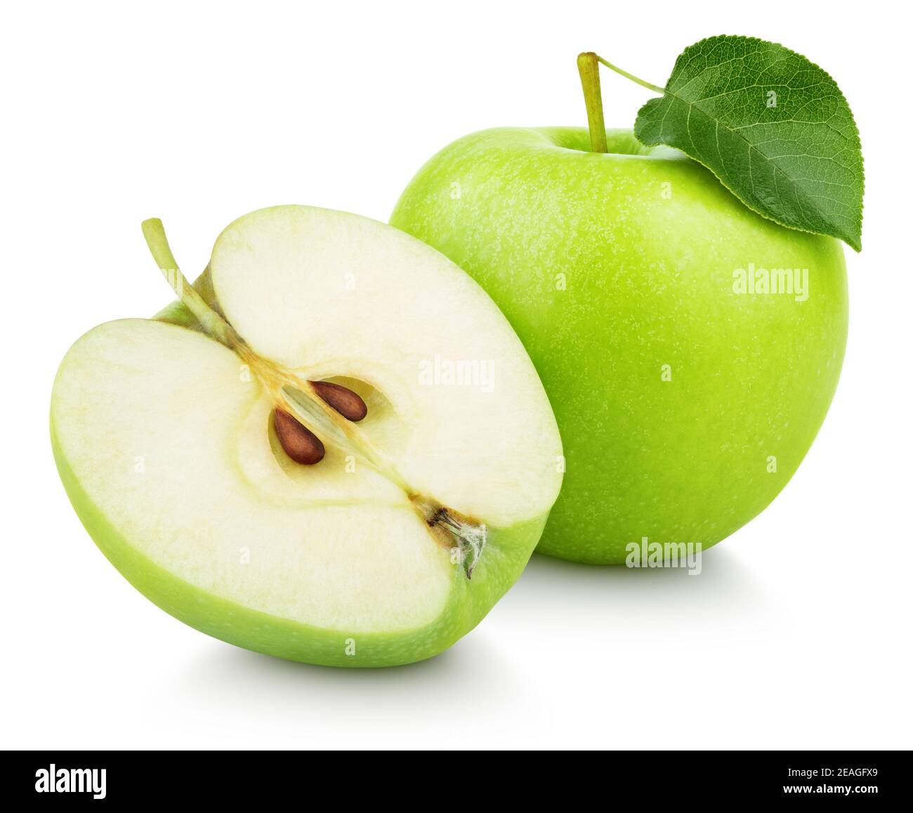 Ripe green apple fruit with apple half and green apple leaf isolated on white background. Apples and leaf with clipping path Stock Photo