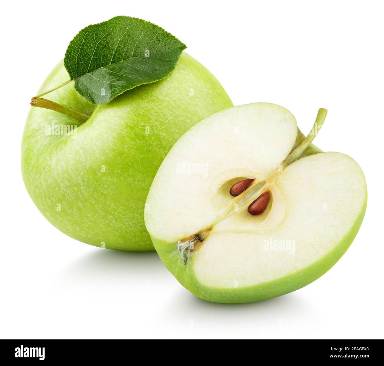 Ripe green apple fruit with apple half and green leaf isolated on white background. Apples and leaf with clipping path Stock Photo