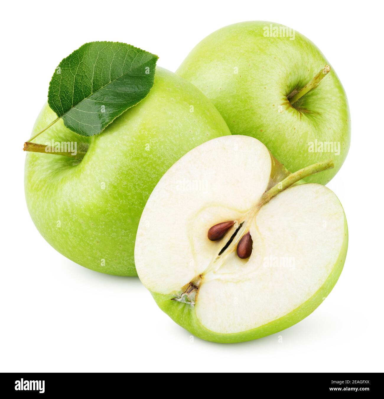 Group of ripe green apple fruits with apple half and green leaf isolated on white background. Apples with clipping path Stock Photo