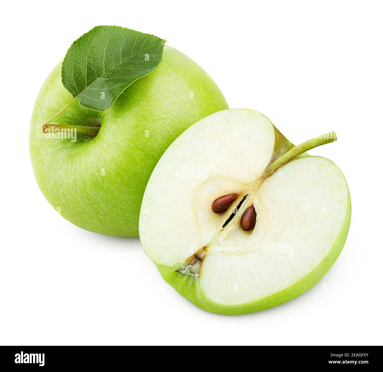 Ripe green apple fruit with apple half and green apple leaf isolated on white background. Apple fruits with clipping path Stock Photo