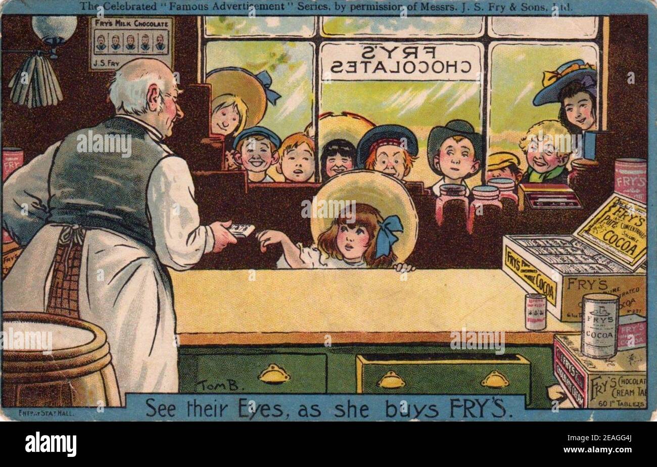 Tom Browne‘s advertisement postcard for Fry's chocolate, 1912 Stock Photo