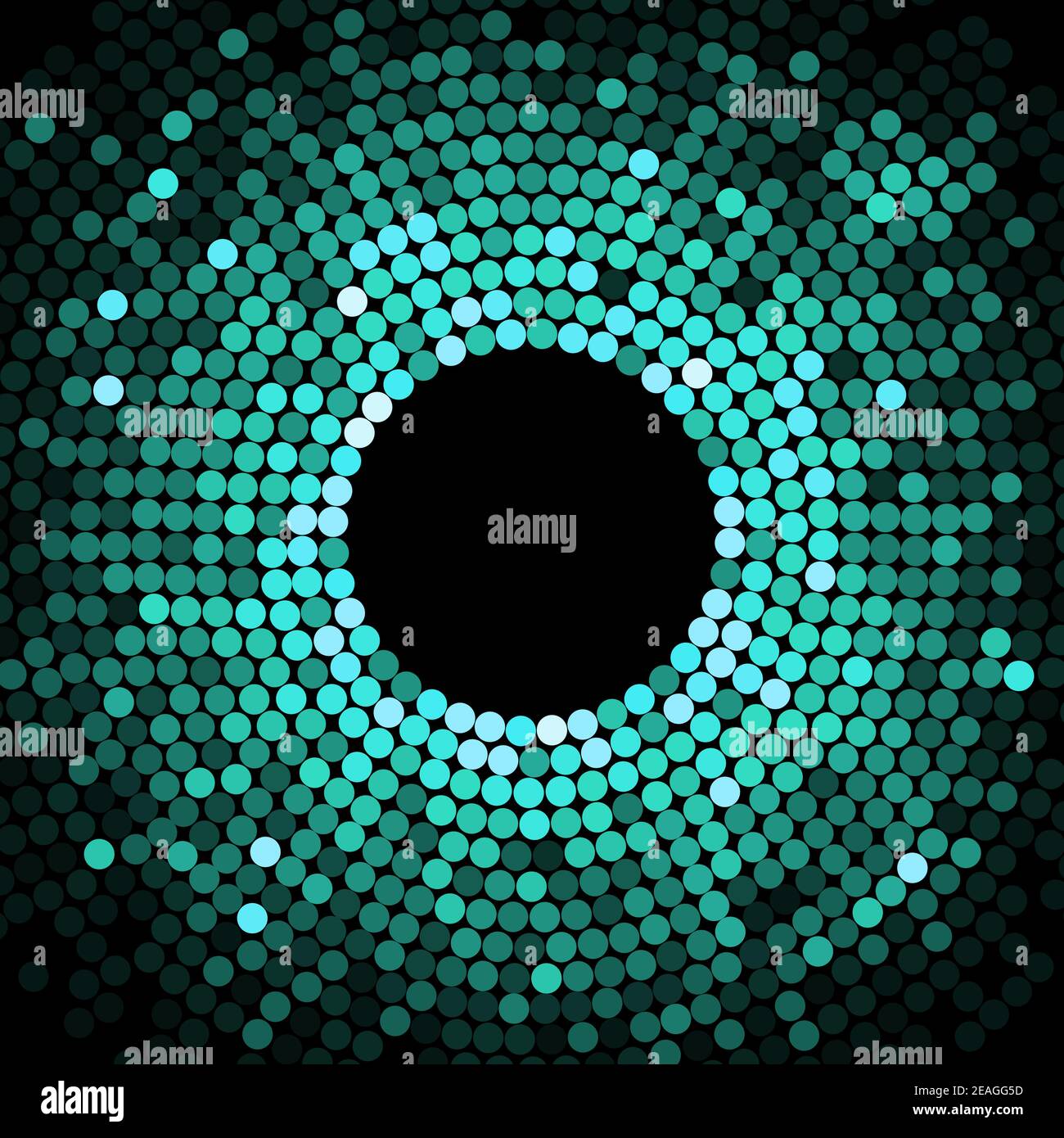 Abstract pattern of graduated turquoise shiny dots or circles going from the darkest at the outer edge around a central black hole or vortex with copy Stock Vector