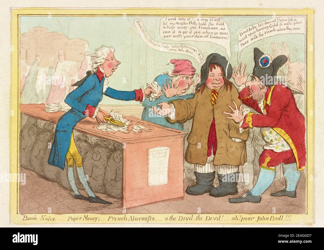 Bank-notes, paper-money, French-alarmist, O, The devil, the devil!--Ah! Poor John-Bull!! By artist James Gillray. William Pitt the Younger as a bank-clerk offering a handful of bank-notes to John Bull, who holds out his hand for the notes as Charles James Fox says to him 'Dont take his damn'd Paper, John! insist upon having Gold, to make your Peace with the French, when they come' and Richard Brinsley Sheridan says 'Dont take his Notes! nobody takes Notes now! - they'll not even take Mine!' Stock Photo