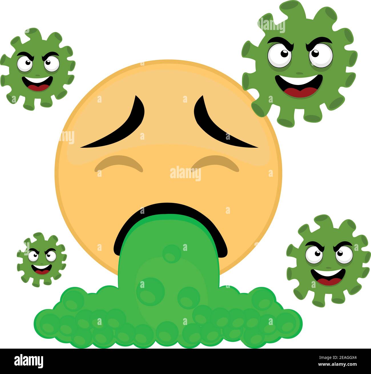 Vector illustration of emoticon vomiting, surrounded by covid-19 cartoon characters Stock Vector