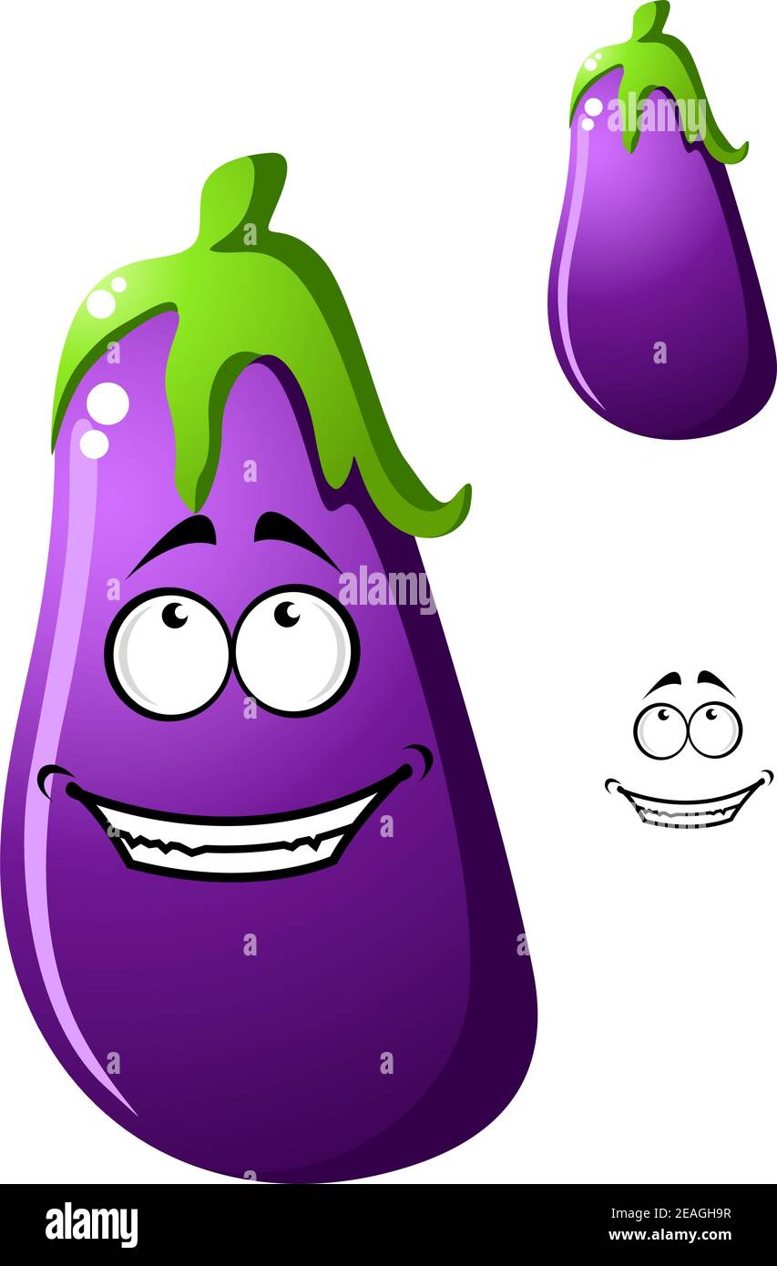 Colorful purple cartoon eggplant vegetable or brinjal with a big happy  smile and fresh green stalk Stock Vector Image & Art - Alamy