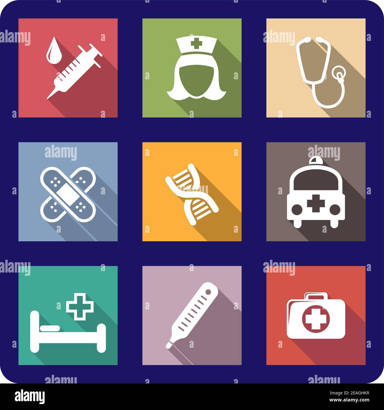 Set of colorful flat medical and healthcare icons depicting a syringe ...