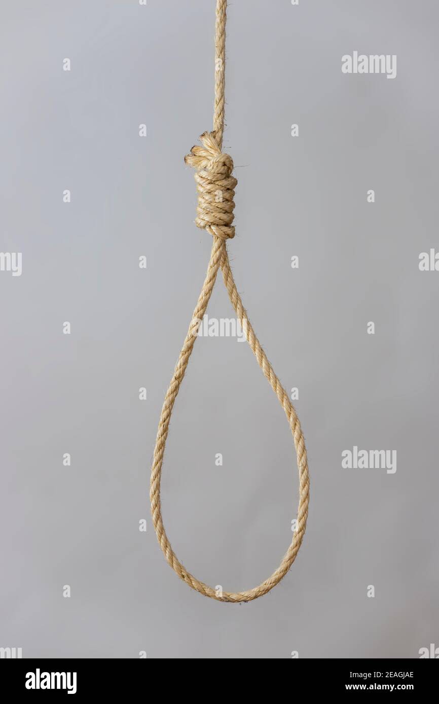 noose with gallows knot tied on thick jute rope isolated on white