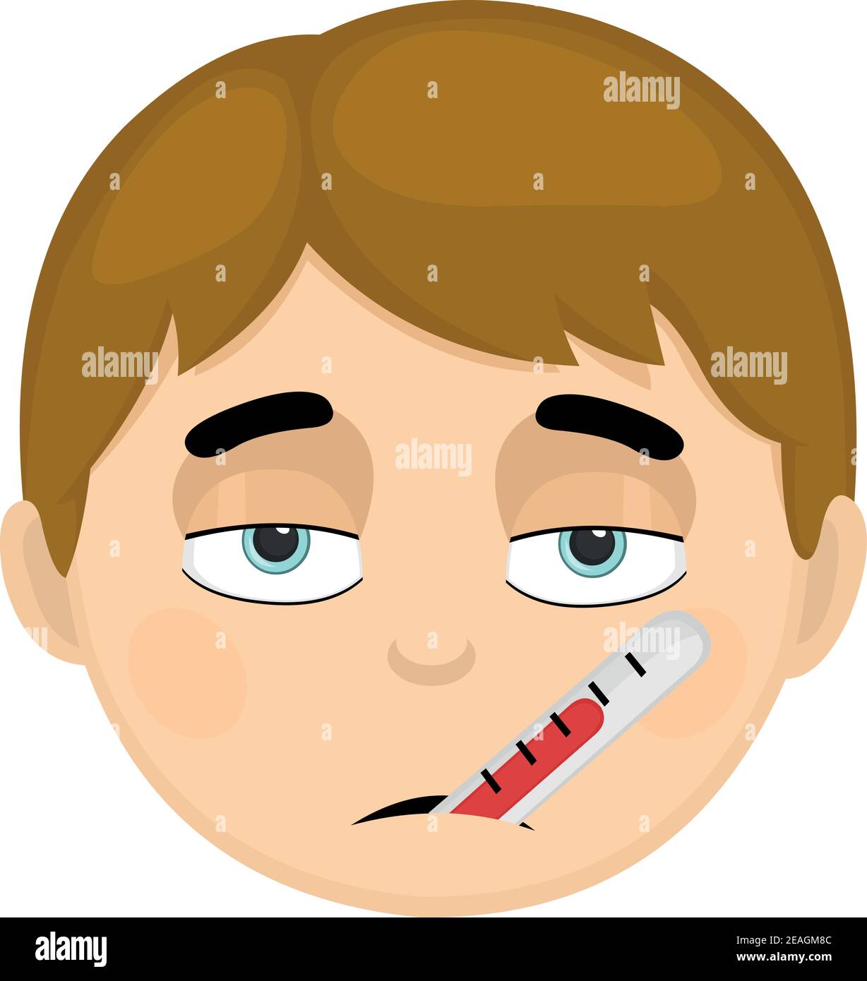 Vector illustration of a cartoon boy's face, with a pale face, fever and a thermometer in his mouth Stock Vector