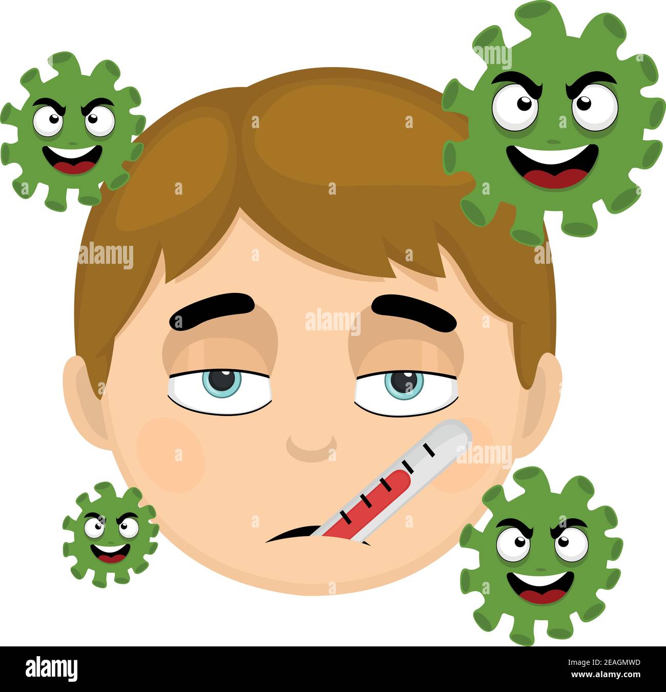 Vector illustration of the head of a kid with a pale and sick face and a thermometer, surrounded by coronavirus Stock Vector