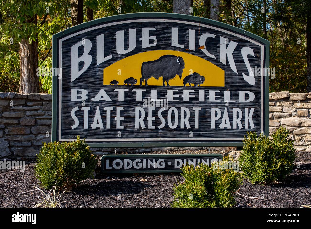 Entrance sign for Blue Licks Battlefield State Resort Park in Kentucky Stock Photo